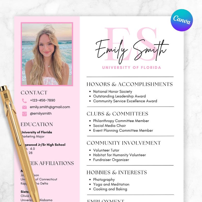 May include: A pink and white resume template featuring a photo of a woman, contact information, education details, and sections for honors, clubs, community involvement, and hobbies. A gold pen rests on the side.