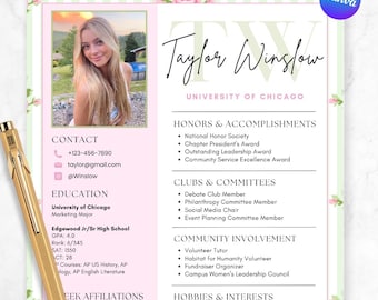 Editable Pink Green Floral Sorority Resume Template, Canva Design with Photo, Sorority Recruitment Cover Letter, Rush Resume Sorority Packet