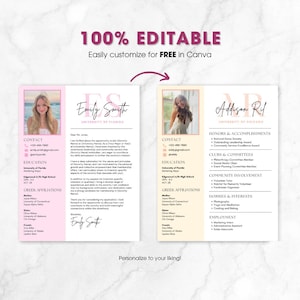 May include: Two resume templates with photos, one for Emily Smith and another for Addison Ril. The resumes are in a soft pink and beige color scheme. The text "100% EDITABLE" and "Easily customize for FREE in Canva" are at the top.