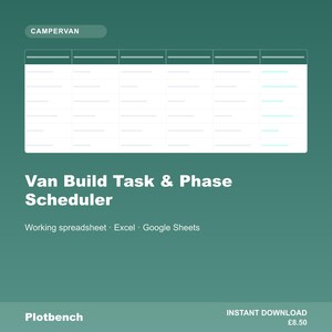 May include: A digital spreadsheet template titled Van Build Task & Phase Scheduler on a dark green background. The graphic features a white table grid with six columns and multiple rows, labeled CAMPERVAN at the top, with text below reading Working spreadsheet, Excel, Google Sheets, and Plotbench.