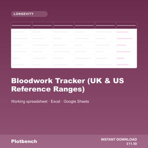 Bloodwork Tracker Spreadsheet | Blood Test Results Log UK US Reference Ranges | Lab Results Health Marker Longevity Excel Google Sheets