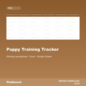 Kalkylblad för valpträningsspårning | Schema för ny valp | Toalettträningslogg | Framstegsdiagram för hundträning i Excel, Google Sheets