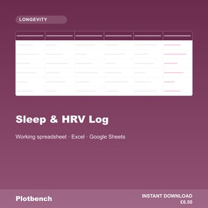 Op de afbeelding: Een digitaal Sleep & HRV Log spreadsheet-sjabloon op een donkerpaarse achtergrond. De interface bevat een tabel met kolommen voor gegevensinvoer, een koptekst met het label LONGEVITY en tekst die de compatibiliteit met Excel en Google Sheets aangeeft.