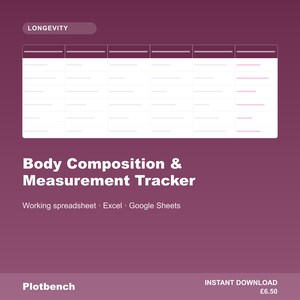Op de afbeelding: Een digitaal spreadsheet-sjabloon getiteld Body Composition & Measurement Tracker op een donkerpaarse achtergrond. Het bevat een wit tabelraster met zes kolommen en rijen voor gegevensinvoer, met de tekst Longevity linksboven.