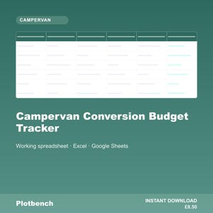 May include: A digital Campervan Conversion Budget Tracker spreadsheet template with a dark green background. The interface displays a table with columns for tracking expenses, compatible with Excel and Google Sheets, featuring the text Plotbench.