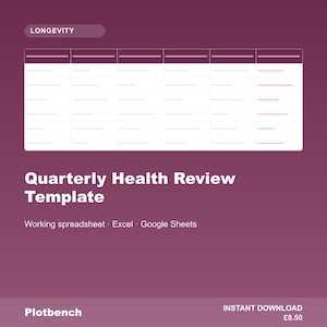 Op de afbeelding: Een digitaal Quarterly Health Review Template-spreadsheet op een paarse achtergrond. De afbeelding toont een tabel met kolommen en rijen, de tekst Longevity en de labels Working spreadsheet, Excel, Google Sheets en Plotbench.
