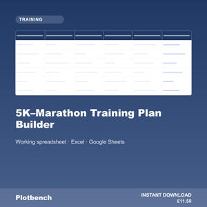 May include: A digital 5K-Marathon Training Plan Builder spreadsheet template with a dark blue background, a white table grid, and the text Training, 5K-Marathon Training Plan Builder, Working spreadsheet, Excel, Google Sheets, and Plotbench.