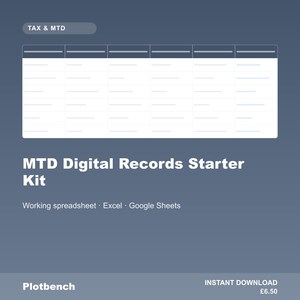 May include: A digital spreadsheet template titled MTD Digital Records Starter Kit on a dark blue background. The graphic displays a table with six columns and multiple rows, labeled Tax & MTD, compatible with Excel and Google Sheets by Plotbench.