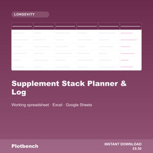 May include: A digital Supplement Stack Planner & Log spreadsheet template on a dark purple background. The interface features a table with columns and rows for tracking data, labeled with the text Longevity, Plotbench, and Working spreadsheet Excel Google Sheets.