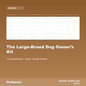 Peut inclure: Un ensemble numérique intitulé The Large-Breed Dog Owner's Kit présentant une grille de tableur blanche à six colonnes sur un fond marron. Le texte indique 10 spreadsheets, Excel, Google Sheets et le nom de marque Plotbench en bas.