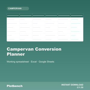 May include: A digital Campervan Conversion Planner spreadsheet template with a dark green background, featuring a white table grid, the text Campervan Conversion Planner, and the labels Working spreadsheet, Excel, and Google Sheets.
