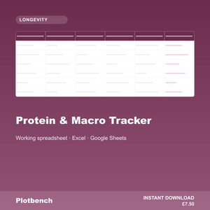 Op de afbeelding: Een digitaal Protein & Macro Tracker spreadsheet-sjabloon op een donkerpaarse achtergrond. De interface bevat een tabel met zes kolommen en meerdere rijen, bovenaan gelabeld met Longevity, met tekst die de compatibiliteit met Excel en Google Sheets aangeeft.
