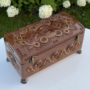 Hand Carved Wooden Jewelry Box – Dark-Stained Decorative Keepsake Box with Metal Accents, 9.8 × 4.9 inches