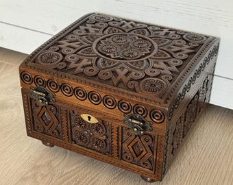 Hand Carved Walnut Wooden Box with Key, Ukrainian Keepsake Coffer