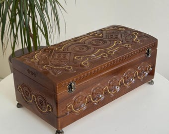 Hand Carved Wood Jewelry Box – Ukrainian Keepsake Box with Metal Accents