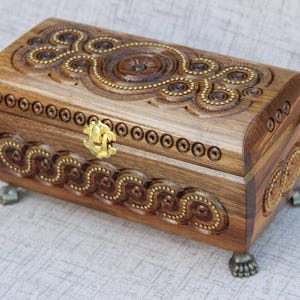 Hand Carved Wooden Jewelry Box – Dark-Stained Decorative Keepsake Box with Metal Accents, 9.5 × 4.7 inches