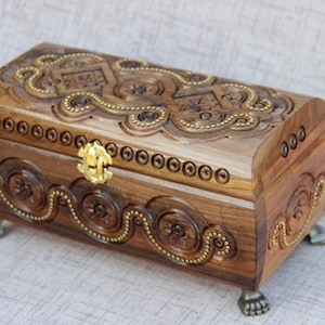 Hand Carved Wooden Jewelry Box – Dark-Stained Decorative Keepsake Box with Metal Accents, 9.8 × 4.9 inches