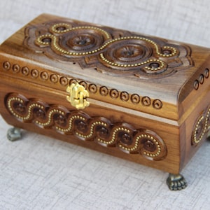 Hand Carved Wooden Jewelry Box – Dark-Stained Decorative Keepsake Box with Metal Accents, 9.5 × 4.7 inches