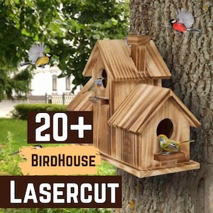 May include: A wooden birdhouse with multiple compartments is mounted on a tree trunk. The birdhouse has a rustic, natural wood finish. The image includes the text "20+ BIRDHOUSE LASERCUT" and several colorful birds.