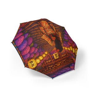 Artistic Foldable Umbrella with Asian Themed Design, Portable Rain Gear, Gift for Her, Stylish Travel Umbrella, Unique Art Umbrella