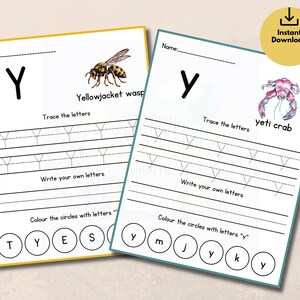 Puede incluir: Dos hojas de trabajo educativas imprimibles con la letra "Y". Una presenta un borde amarillo, una ilustraci&oacute;n de avispa y el texto "Yellowjacket wasp". La otra tiene un borde turquesa, una ilustraci&oacute;n de cangrejo yeti y el texto "yeti crab".