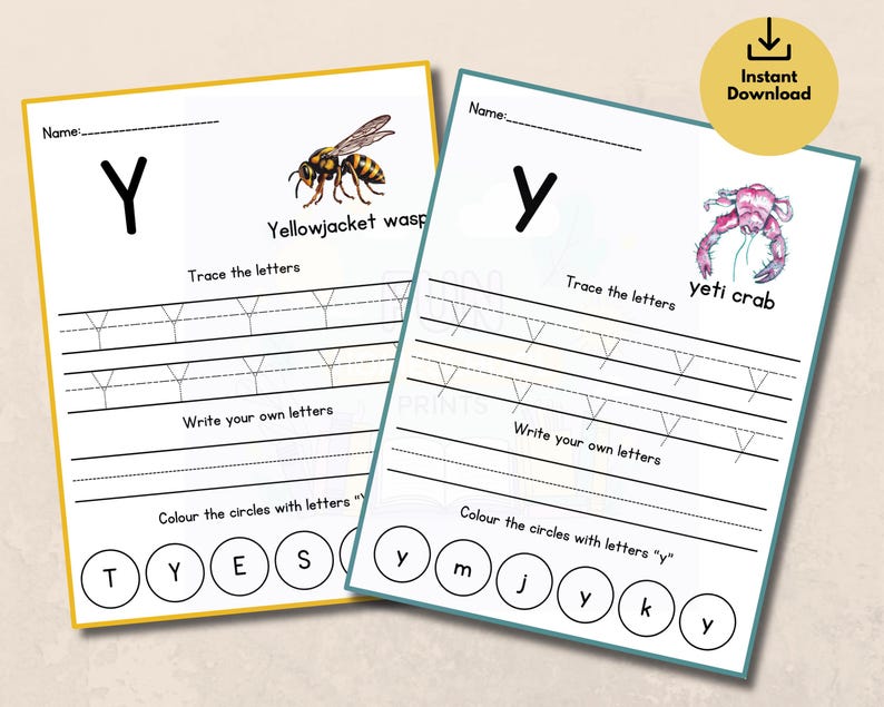 Puede incluir: Dos hojas de trabajo educativas imprimibles con la letra "Y". Una presenta un borde amarillo, una ilustraci&oacute;n de avispa y el texto "Yellowjacket wasp". La otra tiene un borde turquesa, una ilustraci&oacute;n de cangrejo yeti y el texto "yeti crab".