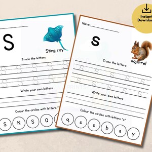 Puede incluir: Dos hojas de trabajo imprimibles para aprender la letra "S". Una presenta una manta raya, la otra una ardilla. Cada hoja incluye actividades de trazo, escritura y coloreado. Dise&ntilde;ado para estudiantes j&oacute;venes.