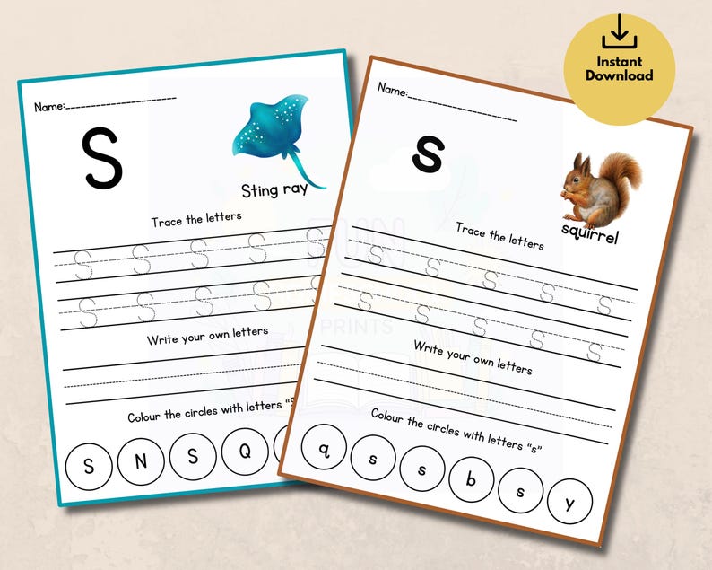 Puede incluir: Dos hojas de trabajo imprimibles para aprender la letra "S". Una presenta una manta raya, la otra una ardilla. Cada hoja incluye actividades de trazo, escritura y coloreado. Dise&ntilde;ado para estudiantes j&oacute;venes.
