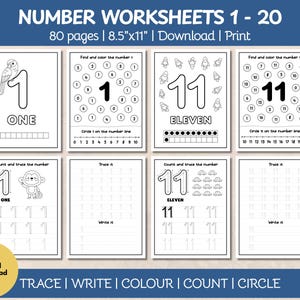 Puede incluir: Una colección de hojas de trabajo de números en blanco y negro para niños, con los números del 1 al 20. Cada página incluye actividades de trazo, escritura, coloreado, conteo y círculo. Las hojas de trabajo miden 21,6 cm x 27,9 cm e incluyen el texto "NUMBER WORKSHEETS 1 - 20".