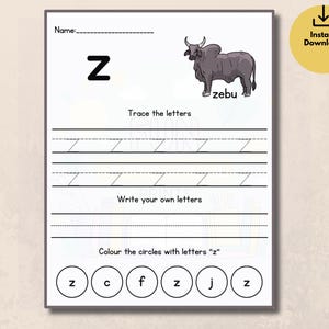 Puede incluir: Una hoja de trabajo blanca con la letra "Z" y un dibujo de un ceb&uacute;. La hoja de trabajo incluye l&iacute;neas para trazar y escribir la letra, junto con c&iacute;rculos para colorear. El texto "Instant Download" est&aacute; en un c&iacute;rculo amarillo.