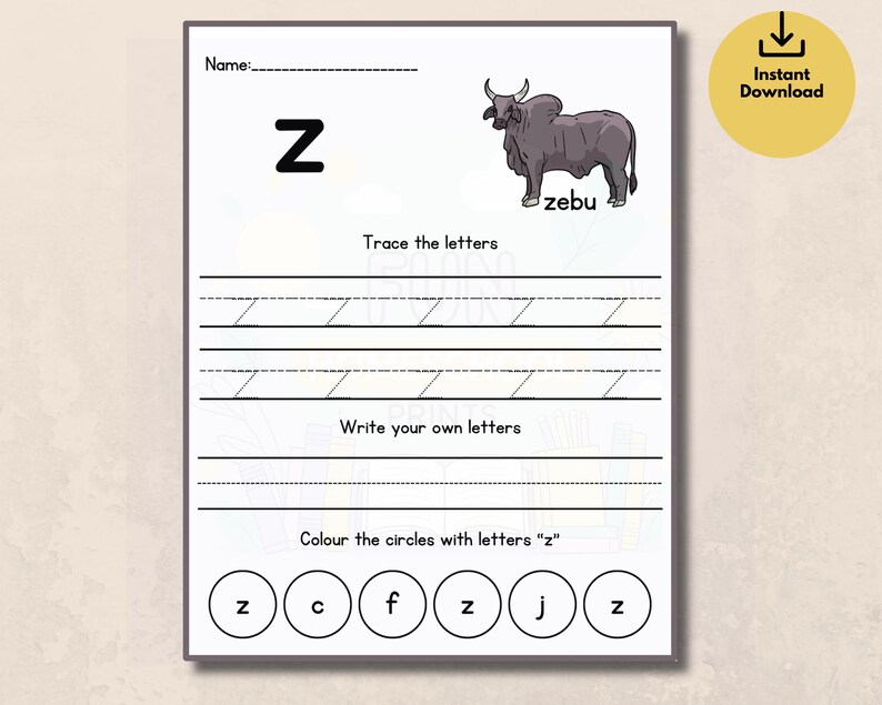 Puede incluir: Una hoja de trabajo blanca con la letra "Z" y un dibujo de un ceb&uacute;. La hoja de trabajo incluye l&iacute;neas para trazar y escribir la letra, junto con c&iacute;rculos para colorear. El texto "Instant Download" est&aacute; en un c&iacute;rculo amarillo.