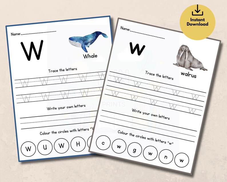 Puede incluir: Dos hojas de trabajo imprimibles para aprender la letra "W". Una presenta una ilustraci&oacute;n de ballena azul y la palabra "Whale". La otra presenta una ilustraci&oacute;n de morsa y la palabra "walrus". Cada hoja tiene ejercicios de escritura.