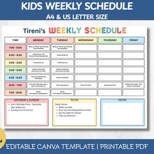 May include: A colorful weekly schedule template for kids, featuring a grid layout with time slots and days of the week. The design includes the text "KIDS WEEKLY SCHEDULE" and "WEEKLY SCHEDULE" in a playful font. The template is available in A4 and US Letter sizes.