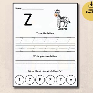 Puede incluir: Una hoja de trabajo imprimible en blanco y negro para aprender la letra "Z". La hoja de trabajo incluye l&iacute;neas de trazado, espacio para escribir la letra y un ejercicio de emparejamiento. Se presenta una ilustraci&oacute;n de cebra de dibujos animados. Tambi&eacute;n se incluye el texto "Zebra".
