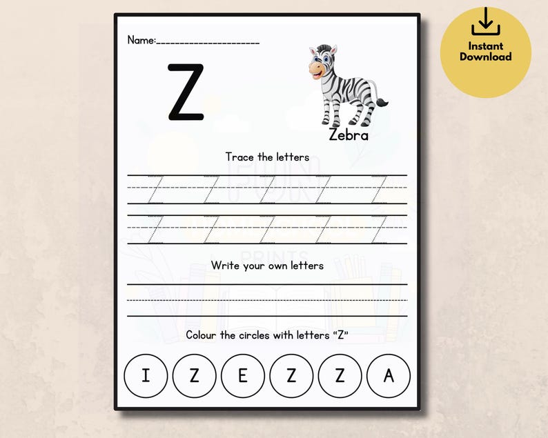 Puede incluir: Una hoja de trabajo imprimible en blanco y negro para aprender la letra "Z". La hoja de trabajo incluye l&iacute;neas de trazado, espacio para escribir la letra y un ejercicio de emparejamiento. Se presenta una ilustraci&oacute;n de cebra de dibujos animados. Tambi&eacute;n se incluye el texto "Zebra".