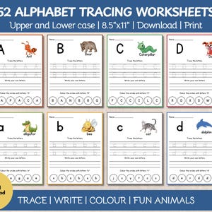Puede incluir: Hojas de trabajo de trazado del alfabeto con letras may&uacute;sculas y min&uacute;sculas e ilustraciones de animales. Cada hoja incluye l&iacute;neas de trazado, espacio para escribir y una actividad para colorear los c&iacute;rculos. Las hojas miden 21,6 cm x 27,9 cm.