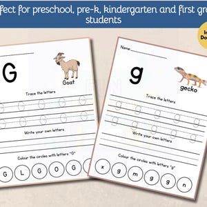 Puede incluir: Dos hojas de trabajo imprimibles para estudiantes de primaria. Una presenta la letra may&uacute;scula "G" con una ilustraci&oacute;n de cabra, y la otra la letra min&uacute;scula "g" con un gecko. Incluye ejercicios de escritura y trazado.