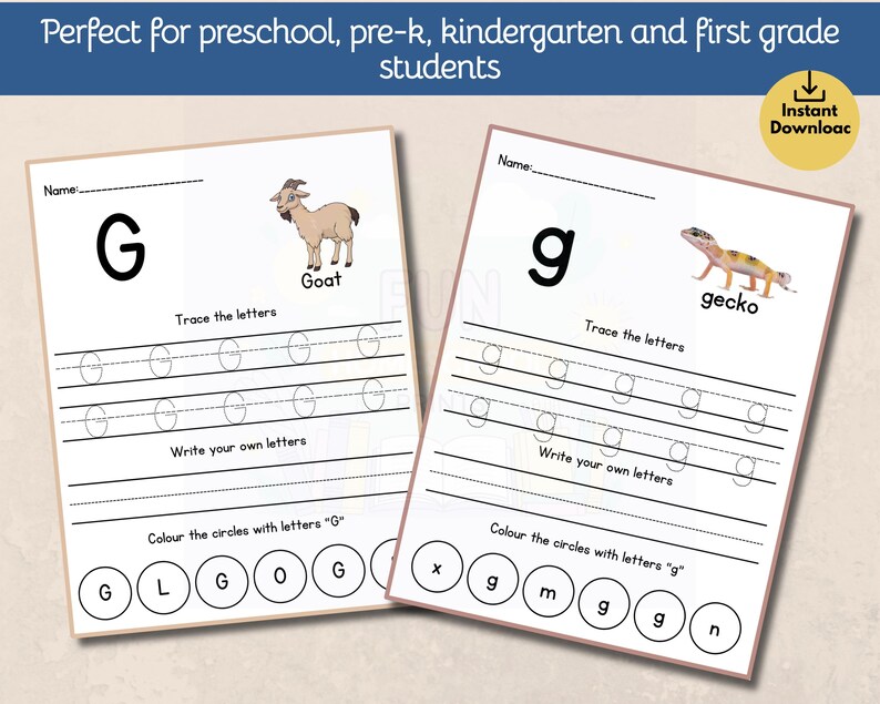 Puede incluir: Dos hojas de trabajo imprimibles para estudiantes de primaria. Una presenta la letra may&uacute;scula "G" con una ilustraci&oacute;n de cabra, y la otra la letra min&uacute;scula "g" con un gecko. Incluye ejercicios de escritura y trazado.