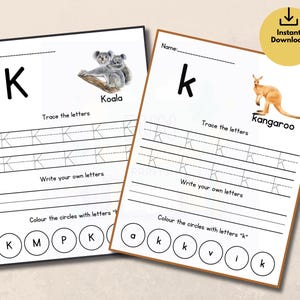 Puede incluir: Dos hojas de trabajo imprimibles para aprender la letra "K". Una presenta un koala, la otra un canguro. Cada hoja de trabajo incluye ejercicios de trazo y escritura, y una actividad para colorear c&iacute;rculos. Las palabras "Koala" y "Kangaroo" son visibles.