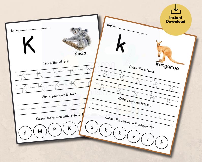 Puede incluir: Dos hojas de trabajo imprimibles para aprender la letra "K". Una presenta un koala, la otra un canguro. Cada hoja de trabajo incluye ejercicios de trazo y escritura, y una actividad para colorear c&iacute;rculos. Las palabras "Koala" y "Kangaroo" son visibles.
