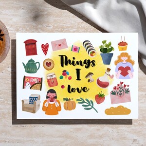 Coisas que eu amo - Cartão postal ilustrado - Impressão artística de estética aconchegante, comida e sentimentos