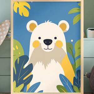 Minimalistisches, verspieltes Bären-Poster III, Dschungeltier-Kinderzimmer, Wandkunst, minimalistisches Cartoon-Design, skandinavisches Dekor, warm und kindgerecht