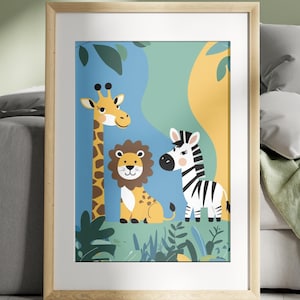 Kinder Dschungeltiere Poster I, Giraffe Löwe Zebra Cartoon Wandkunst, Kinderzimmer Dekor, skandinavischen Stil, Wand Kunst Druck und Schiff