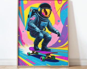 Retro Astronaut Skateboard Poster: 90s Pop Art Cosmic Decor