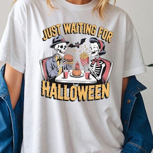 Halloween Skeleton Shirt, Just Waiting For Halloween T-Shirt, Retro Spooky Couple Tee, Vintage Skeleton T-Shirt , Halloween T-Shirt