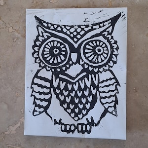 Black Owl Linocut Original Print - linocut art - art - owl - bird - hand printed - handmade