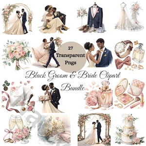 Black Wedding Couple Clipart: Watercolor Bridal Gowns (PNG Digital Download)