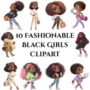 10 PNG Kawaii Black girl Clipart, Fashionable Girl Graphics, Printable Afro Girl Denim Girl Clipart, Black Girl Graphics, Digital Download