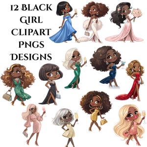 12 PNG Kawaii Black Girl Clipart, Fashionable Girl Graphics, Printable Afro Girl Denim Girl Clip Art, Black Girl Graphics, Digital Download