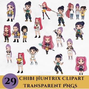 May include: A collection of 29 chibi-style character illustrations in various poses and outfits. The characters have different hairstyles and accessories. The image includes the text "CHIBI HUNTRIX CLIPART TRANSPARENT PNGS" in a gold font.